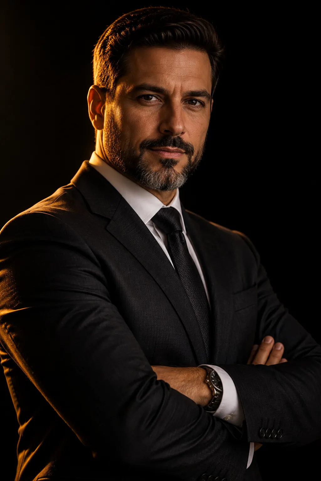Retrato de executivo de terno escuro e braços cruzados, fundo preto e contorno de luz dourada