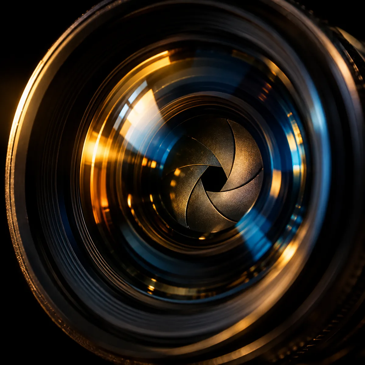 Macro de uma lente de câmera com reflexos dourados e azuis no vidro